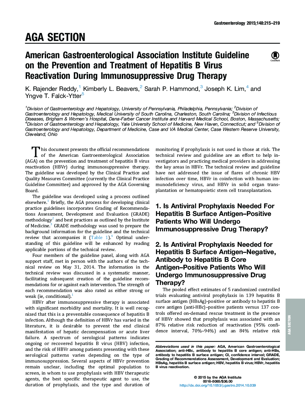 American Gastroenterological Association Institute Guideline on the Prevention and Treatment of Hepatitis B Virus Reactivation During Immunosuppressive Drug Therapy