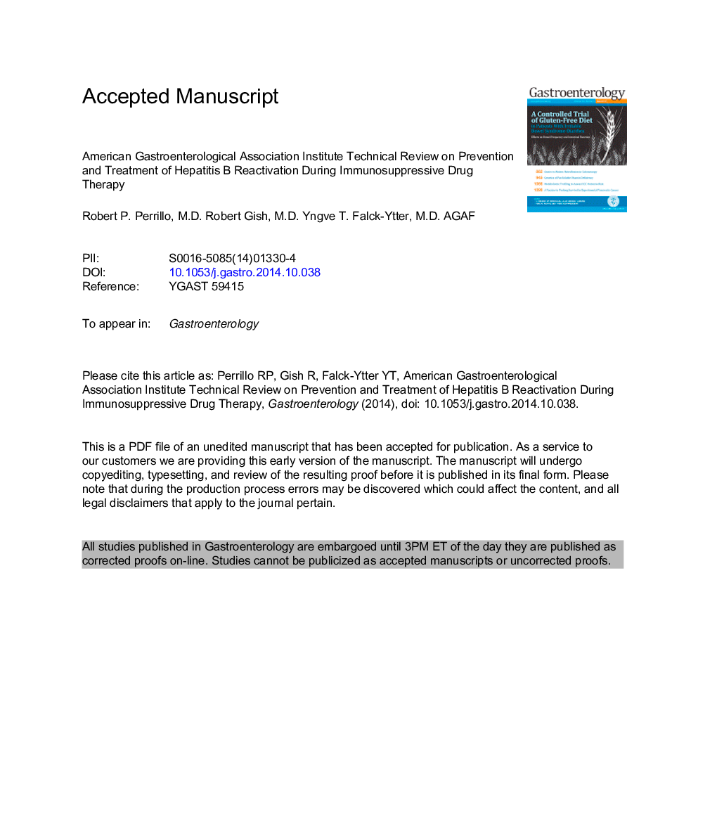 American Gastroenterological Association Institute Technical Review on Prevention and Treatment of Hepatitis B Virus Reactivation During Immunosuppressive Drug Therapy