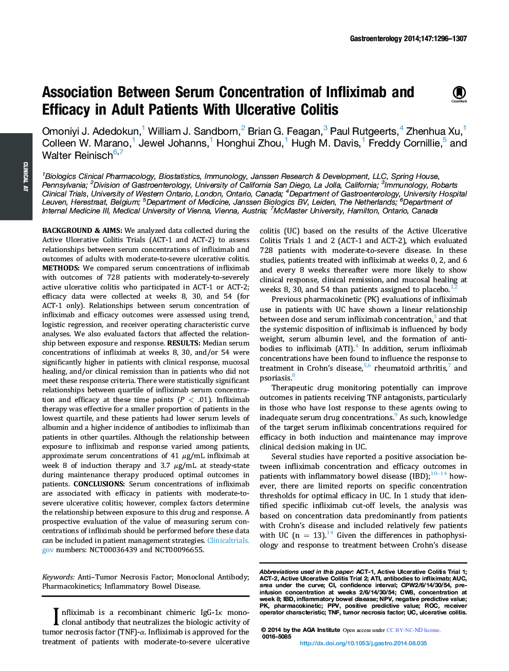 Original ResearchFull Report: Clinical-Alimentary TractAssociation Between Serum Concentration of Infliximab and Efficacy in Adult Patients With Ulcerative Colitis