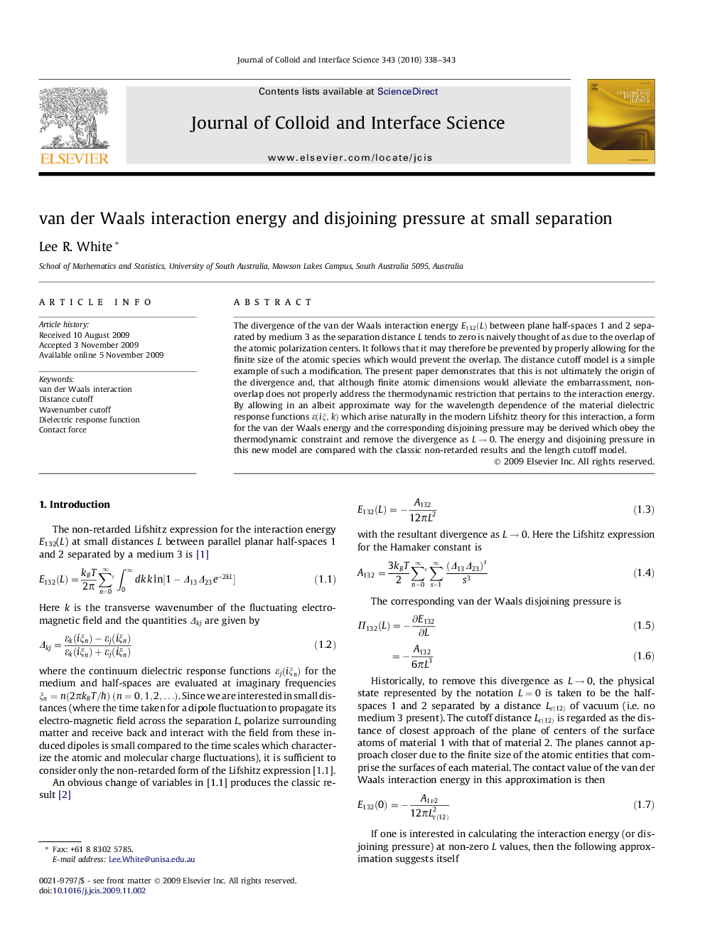 van der Waals interaction energy and disjoining pressure at small separation