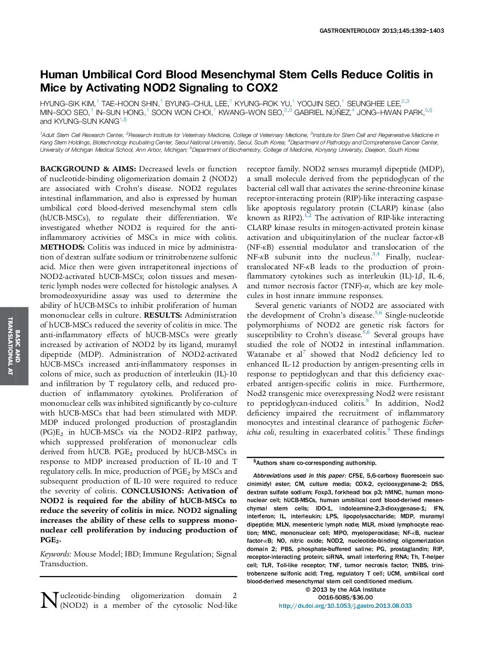 Original ResearchFull Report: Basic and Translational-Alimentary TractHuman Umbilical Cord Blood Mesenchymal Stem Cells Reduce Colitis in Mice by Activating NOD2 Signaling to COX2