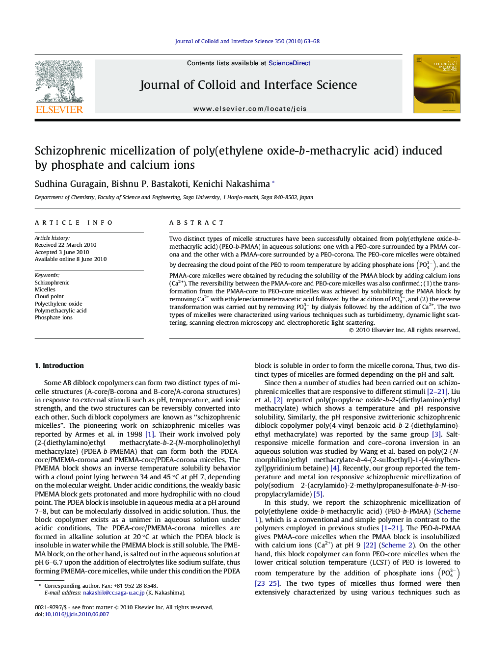 Schizophrenic micellization of poly(ethylene oxide-b-methacrylic acid) induced by phosphate and calcium ions