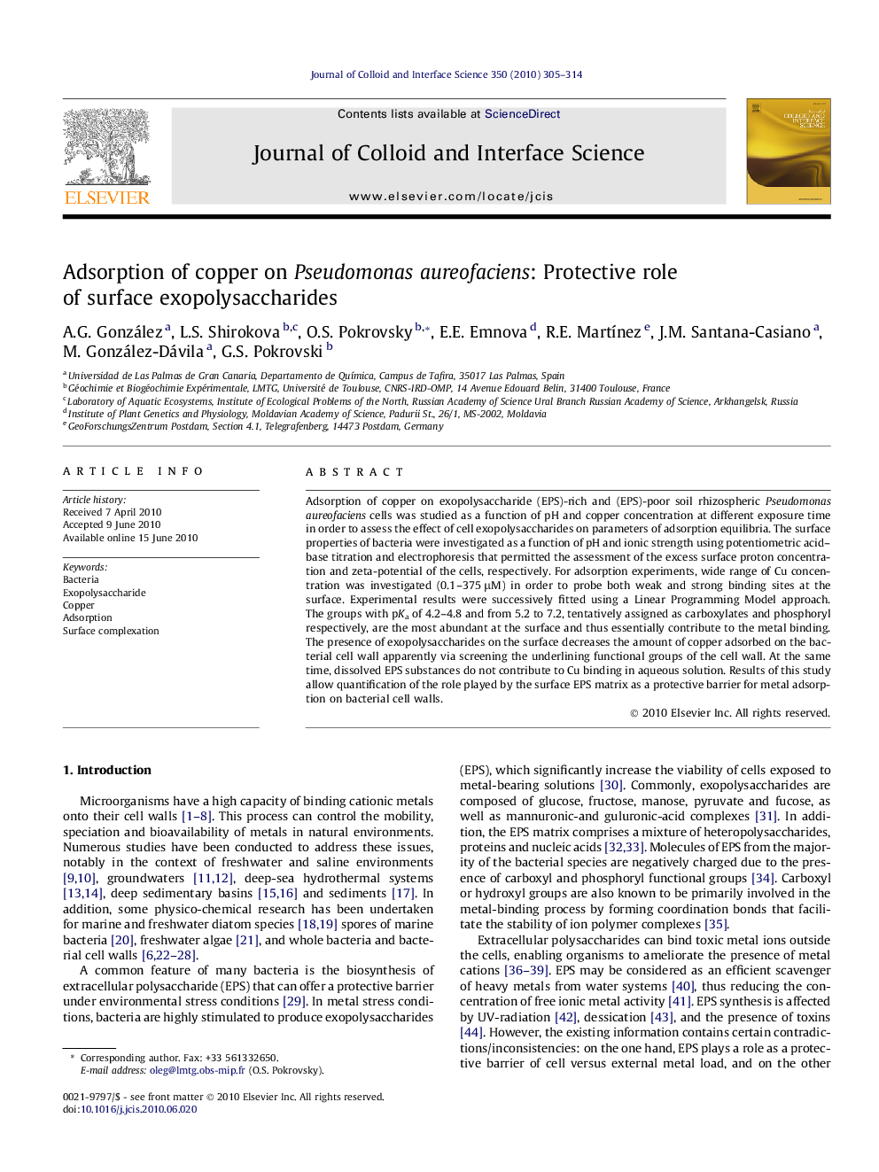 Adsorption of copper on Pseudomonas aureofaciens: Protective role of surface exopolysaccharides