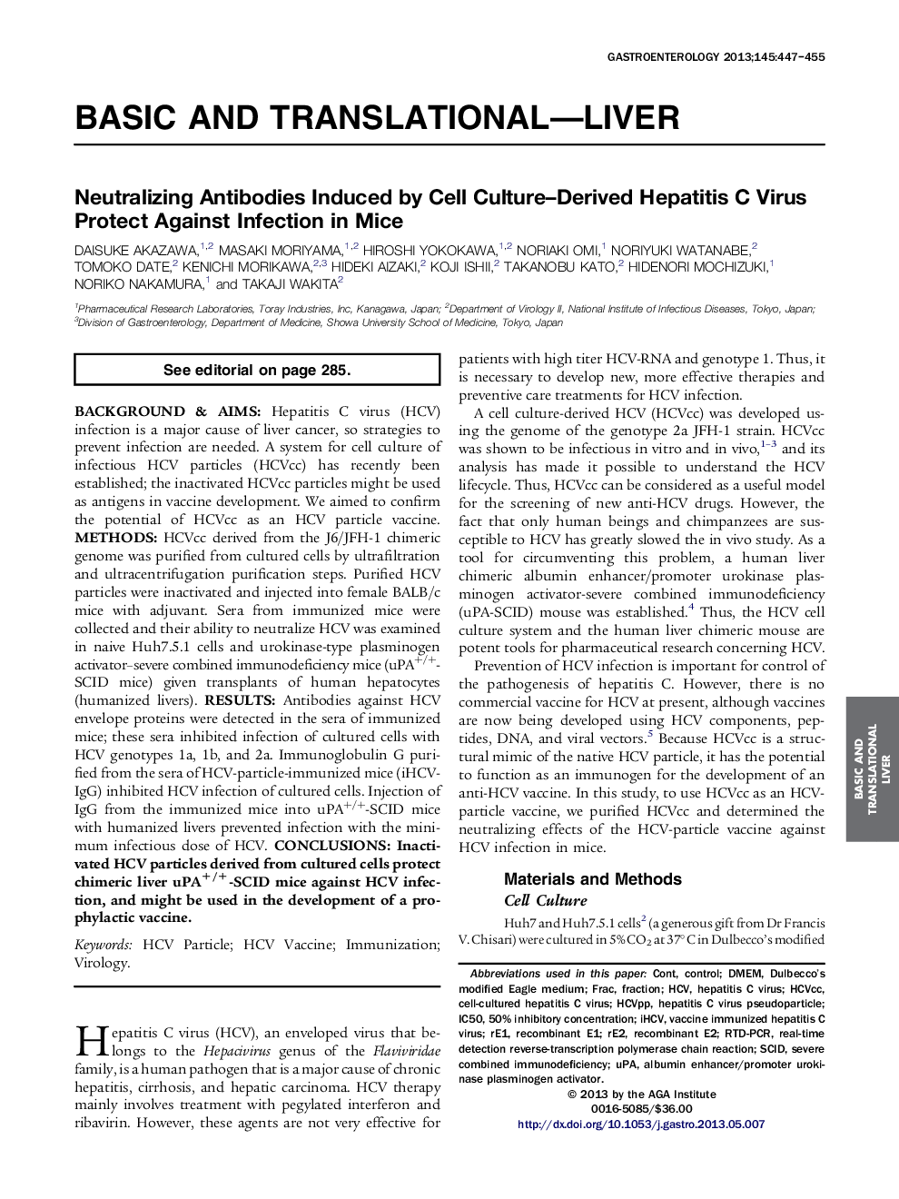 Original ResearchFull Report: Basic and Translational-LiverNeutralizing Antibodies Induced by Cell Culture-Derived Hepatitis C Virus Protect Against Infection in Mice