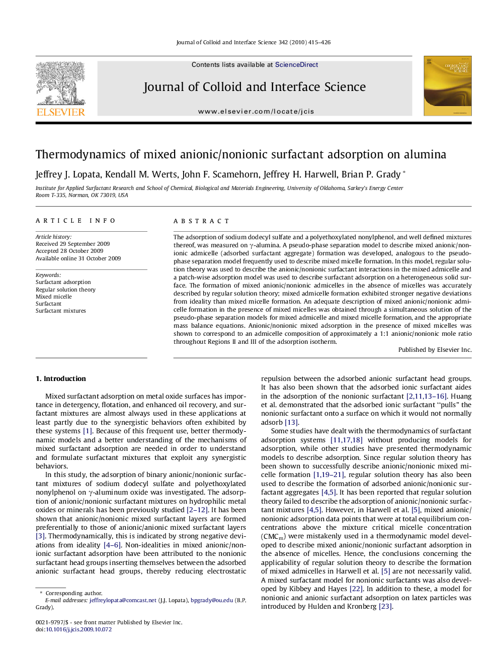 Thermodynamics of mixed anionic/nonionic surfactant adsorption on alumina