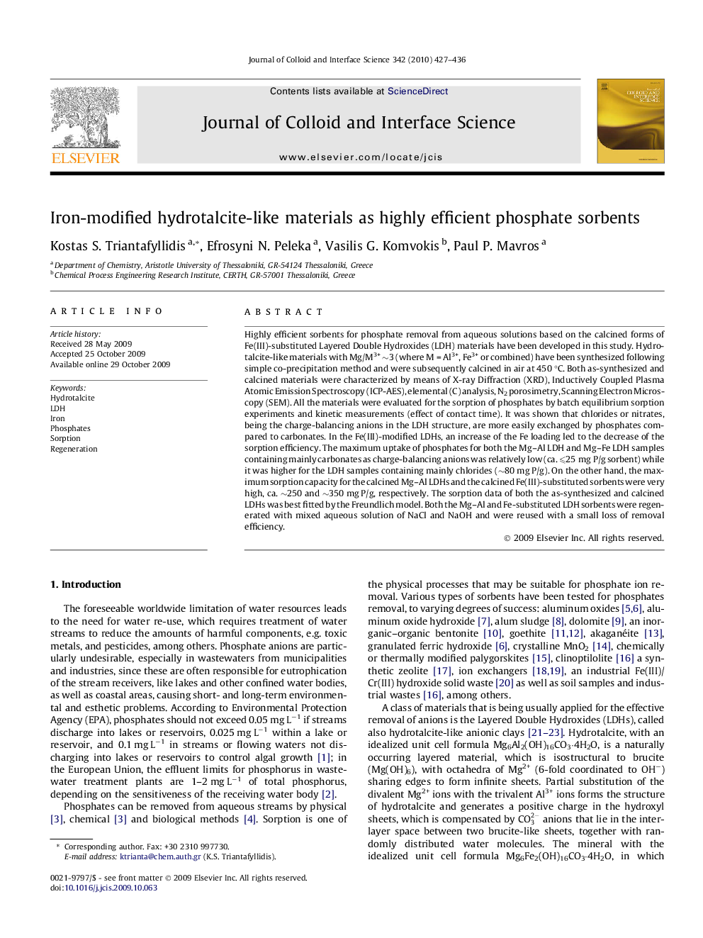 Iron-modified hydrotalcite-like materials as highly efficient phosphate sorbents