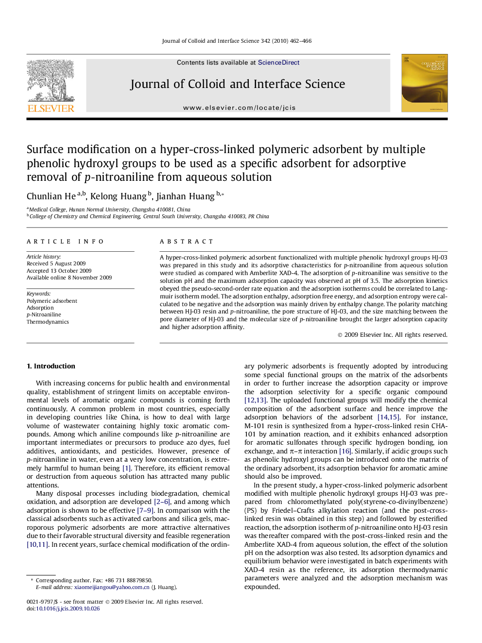 Surface modification on a hyper-cross-linked polymeric adsorbent by multiple phenolic hydroxyl groups to be used as a specific adsorbent for adsorptive removal of p-nitroaniline from aqueous solution