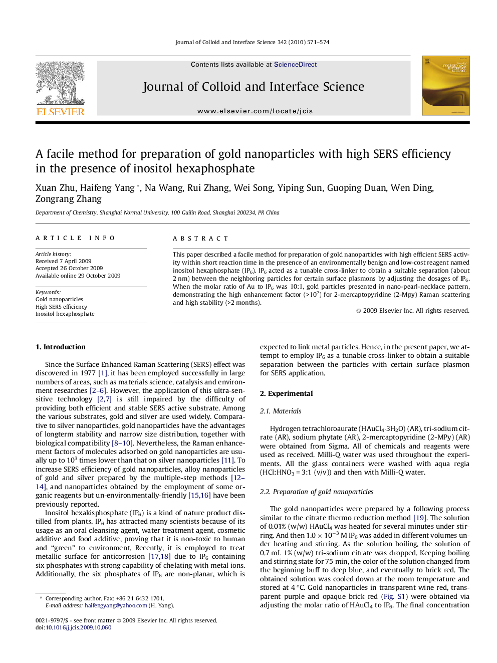 A facile method for preparation of gold nanoparticles with high SERS efficiency in the presence of inositol hexaphosphate