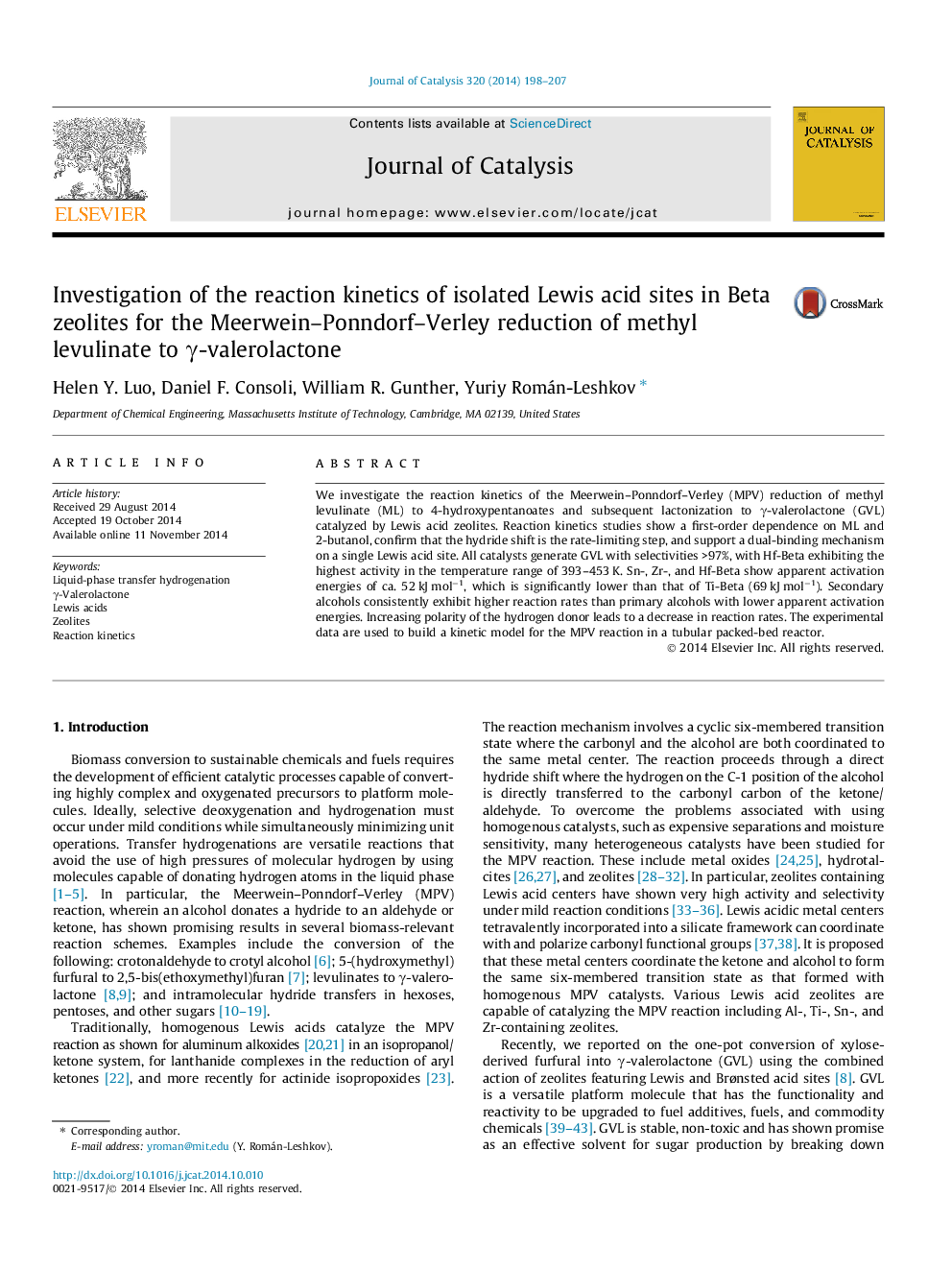 Investigation of the reaction kinetics of isolated Lewis acid sites in Beta zeolites for the Meerwein–Ponndorf–Verley reduction of methyl levulinate to γ-valerolactone