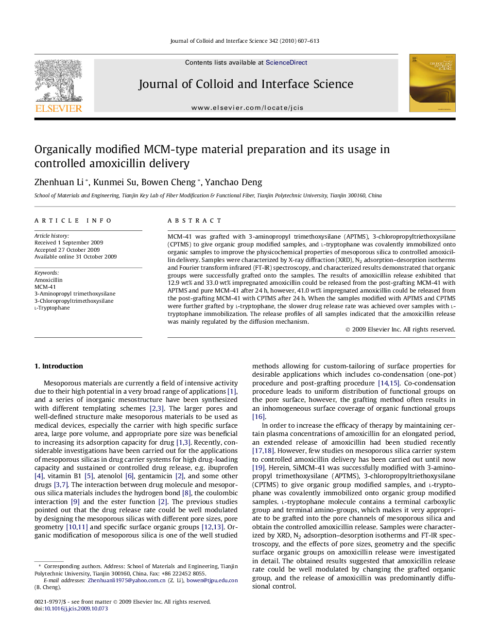 Organically modified MCM-type material preparation and its usage in controlled amoxicillin delivery