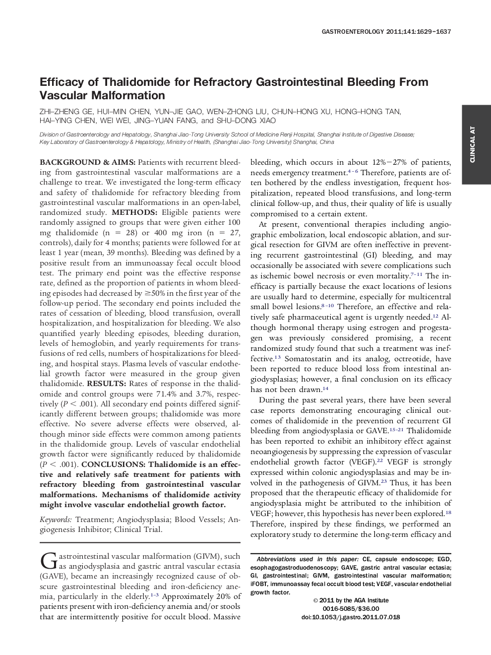 Efficacy of Thalidomide for Refractory Gastrointestinal Bleeding From Vascular Malformation