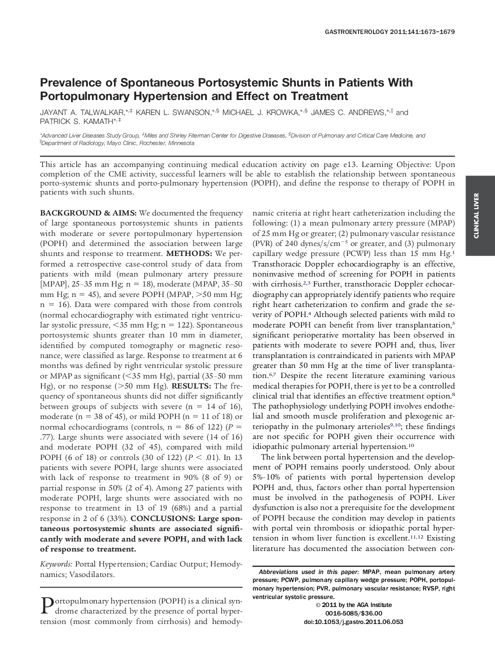 Original ResearchClinical-LiverPrevalence of Spontaneous Portosystemic Shunts in Patients With Portopulmonary Hypertension and Effect on Treatment