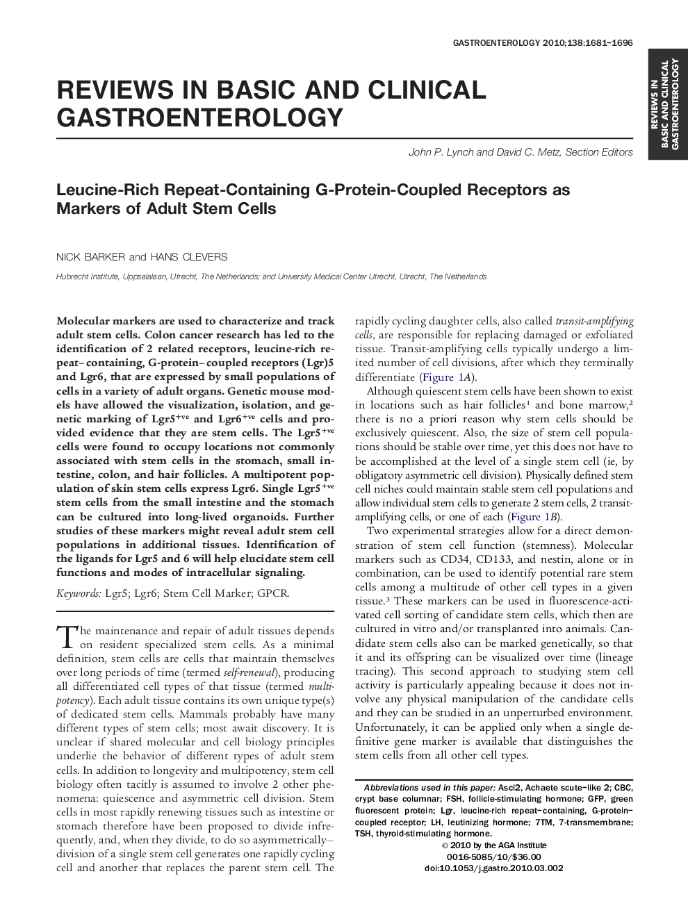 Reviews in Basic and Clinical GastroenterologyLeucine-Rich Repeat-Containing G-Protein-Coupled Receptors as Markers of Adult Stem Cells