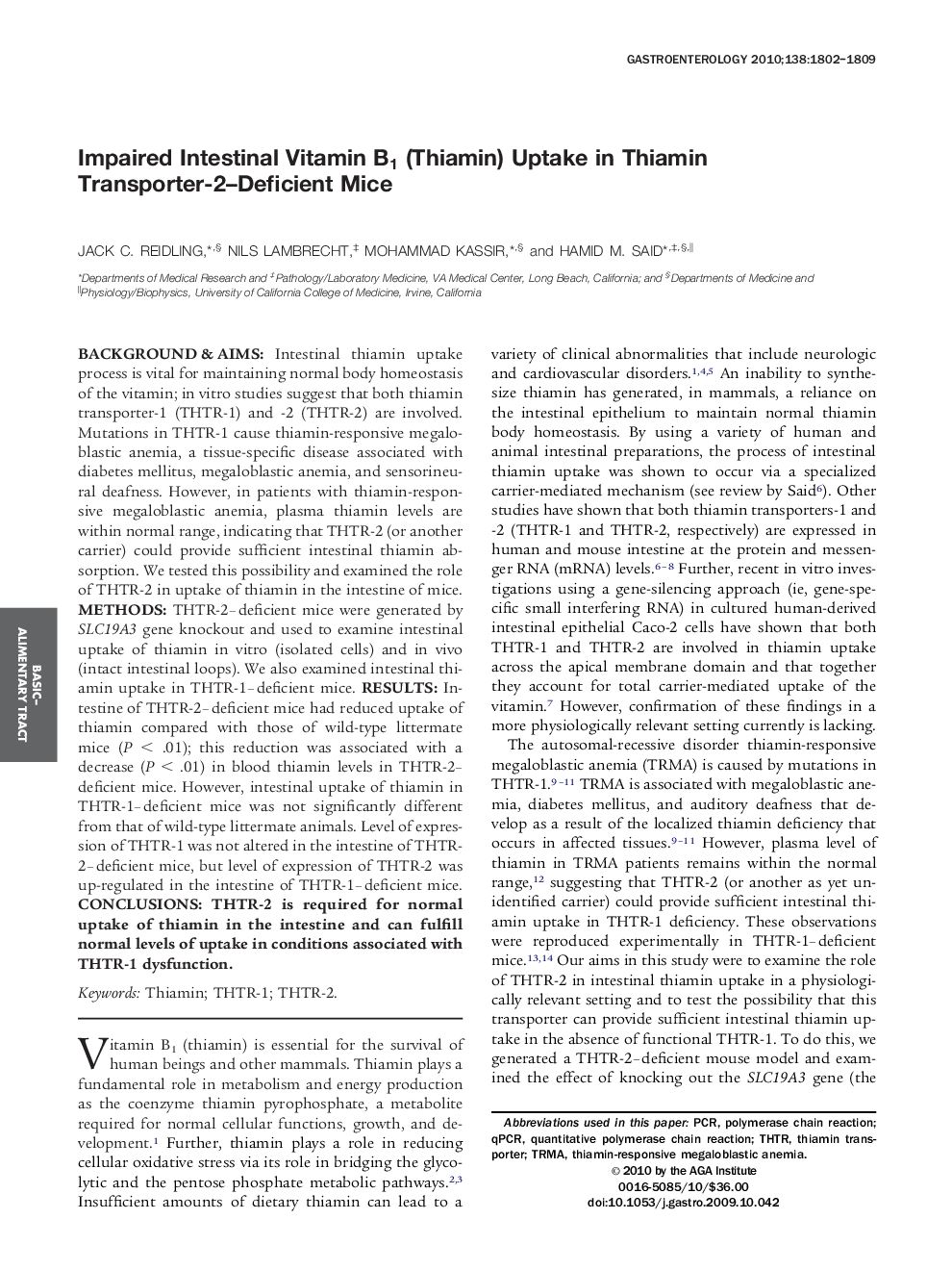 Impaired Intestinal Vitamin B1 (Thiamin) Uptake in Thiamin Transporter-2-Deficient Mice