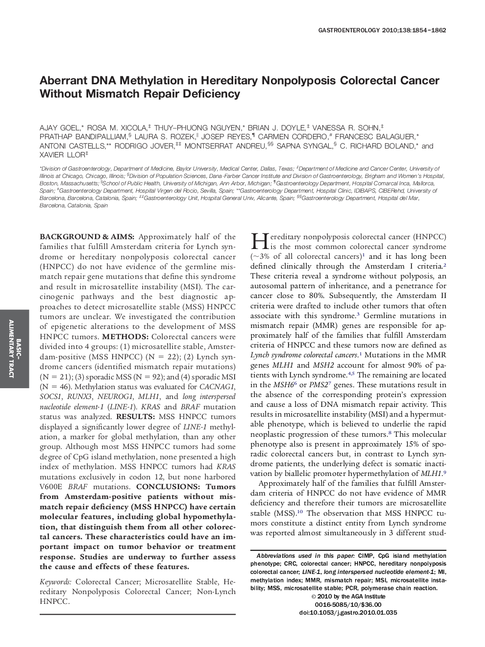 Aberrant DNA Methylation in Hereditary Nonpolyposis Colorectal Cancer Without Mismatch Repair Deficiency