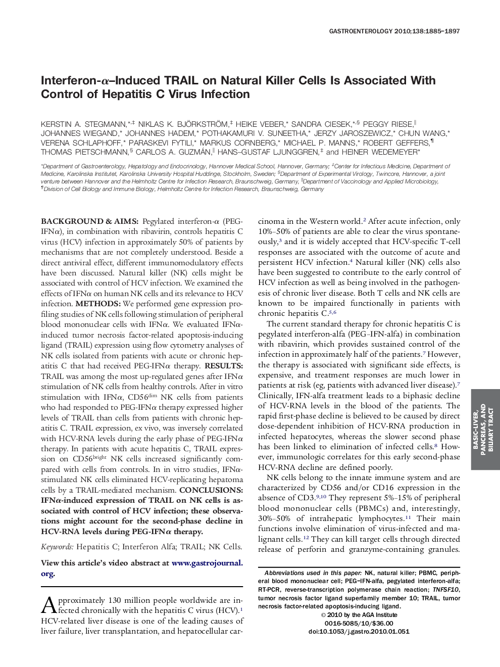 Interferon-Î±-Induced TRAIL on Natural Killer Cells Is Associated With Control of Hepatitis C Virus Infection