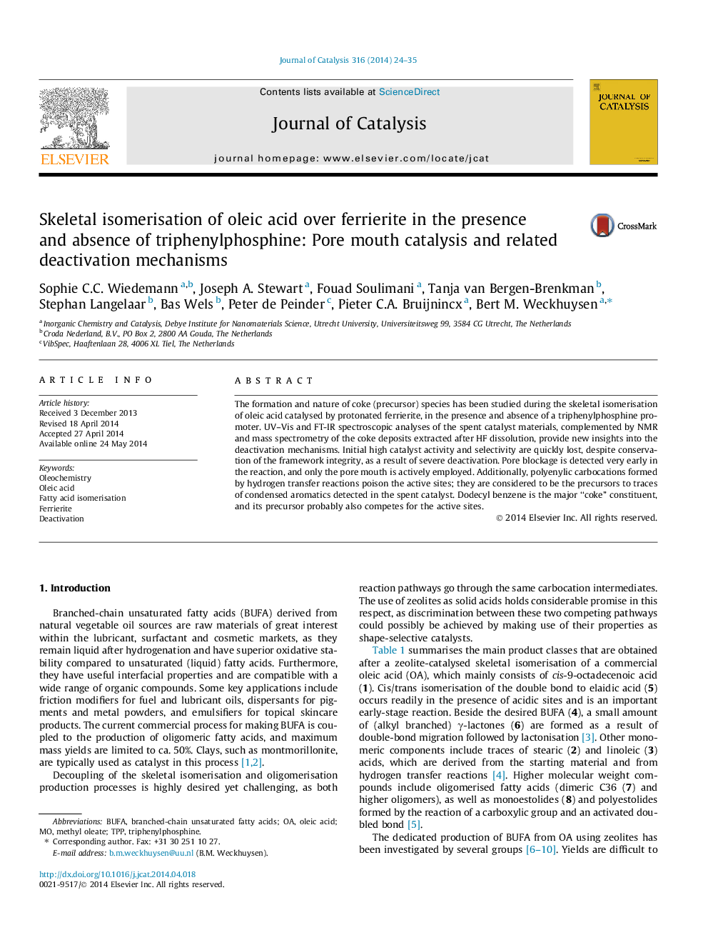 Skeletal isomerisation of oleic acid over ferrierite in the presence and absence of triphenylphosphine: Pore mouth catalysis and related deactivation mechanisms