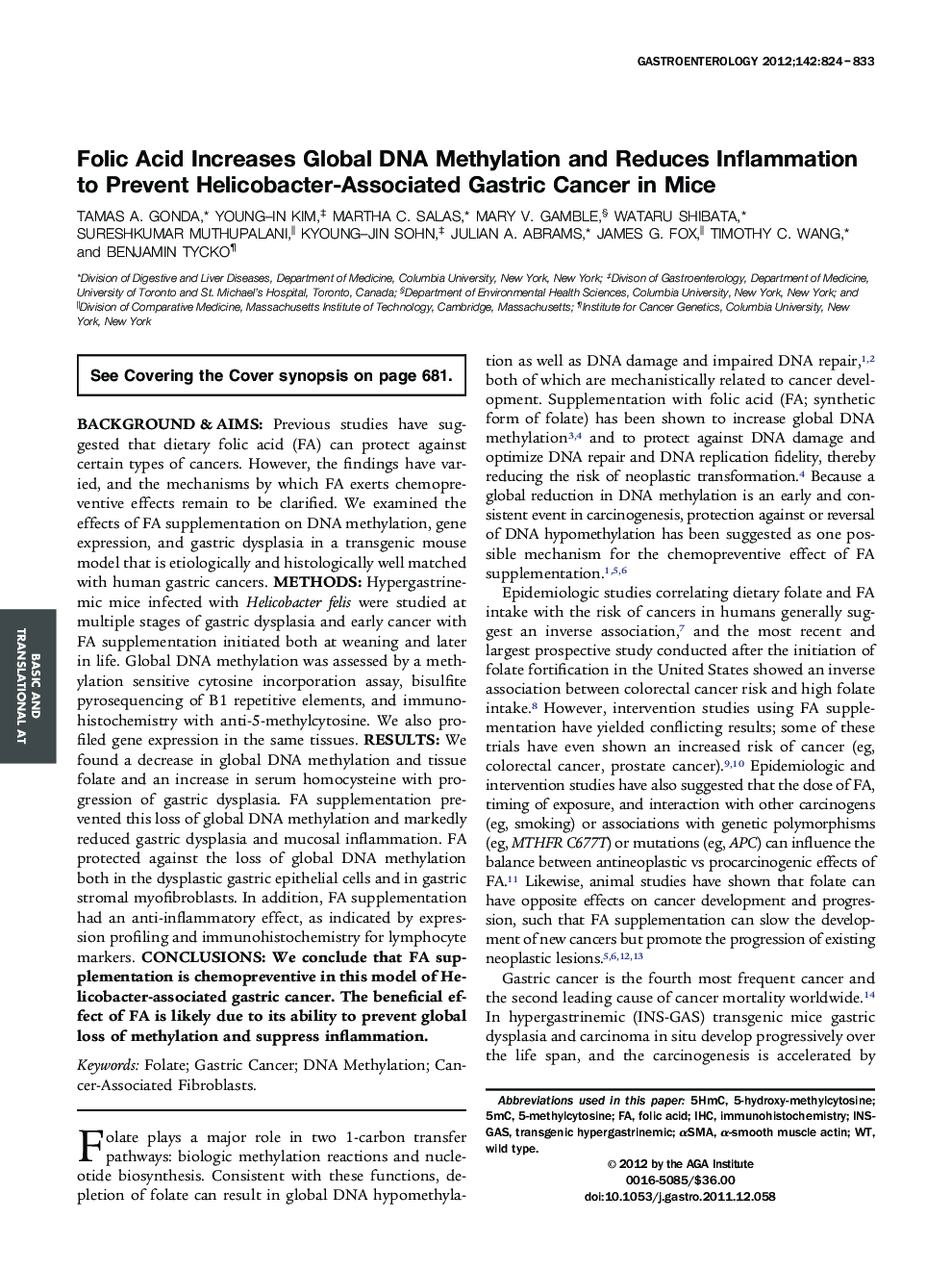 Folic Acid Increases Global DNA Methylation and Reduces Inflammation to Prevent Helicobacter-Associated Gastric Cancer in Mice