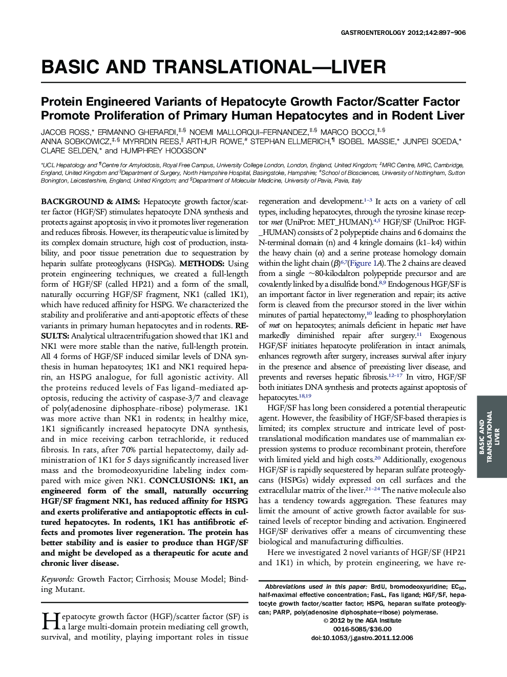 Protein Engineered Variants of Hepatocyte Growth Factor/Scatter Factor Promote Proliferation of Primary Human Hepatocytes and in Rodent Liver