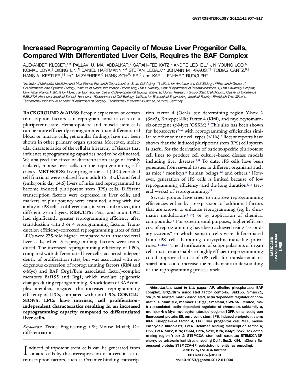 Original ResearchBasic and Translational-LiverIncreased Reprogramming Capacity of Mouse Liver Progenitor Cells, Compared With Differentiated Liver Cells, Requires the BAF Complex