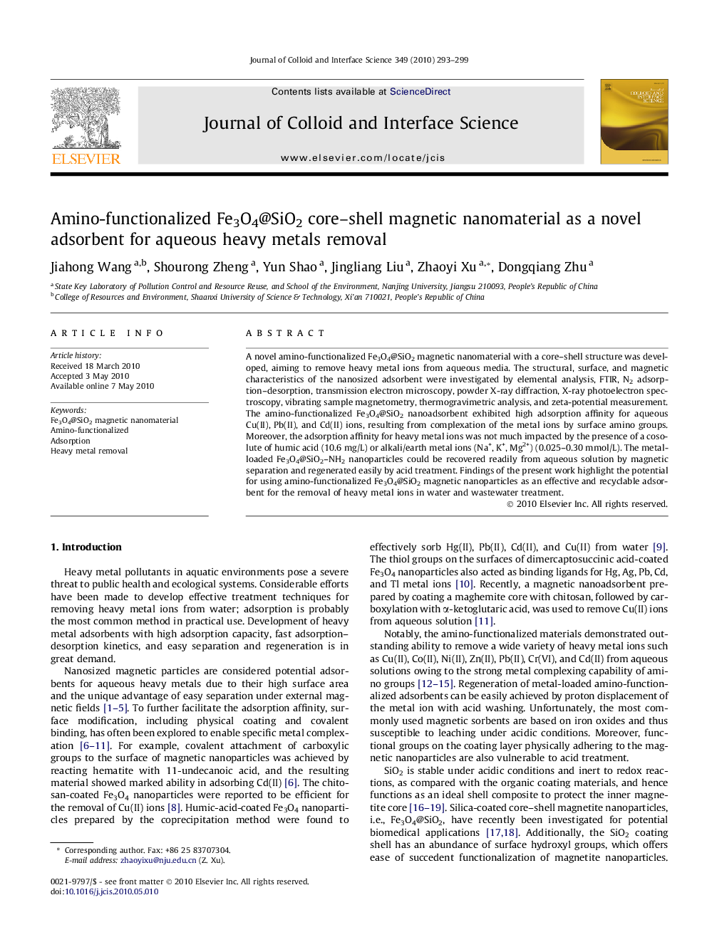 Amino-functionalized Fe3O4@SiO2 core–shell magnetic nanomaterial as a novel adsorbent for aqueous heavy metals removal