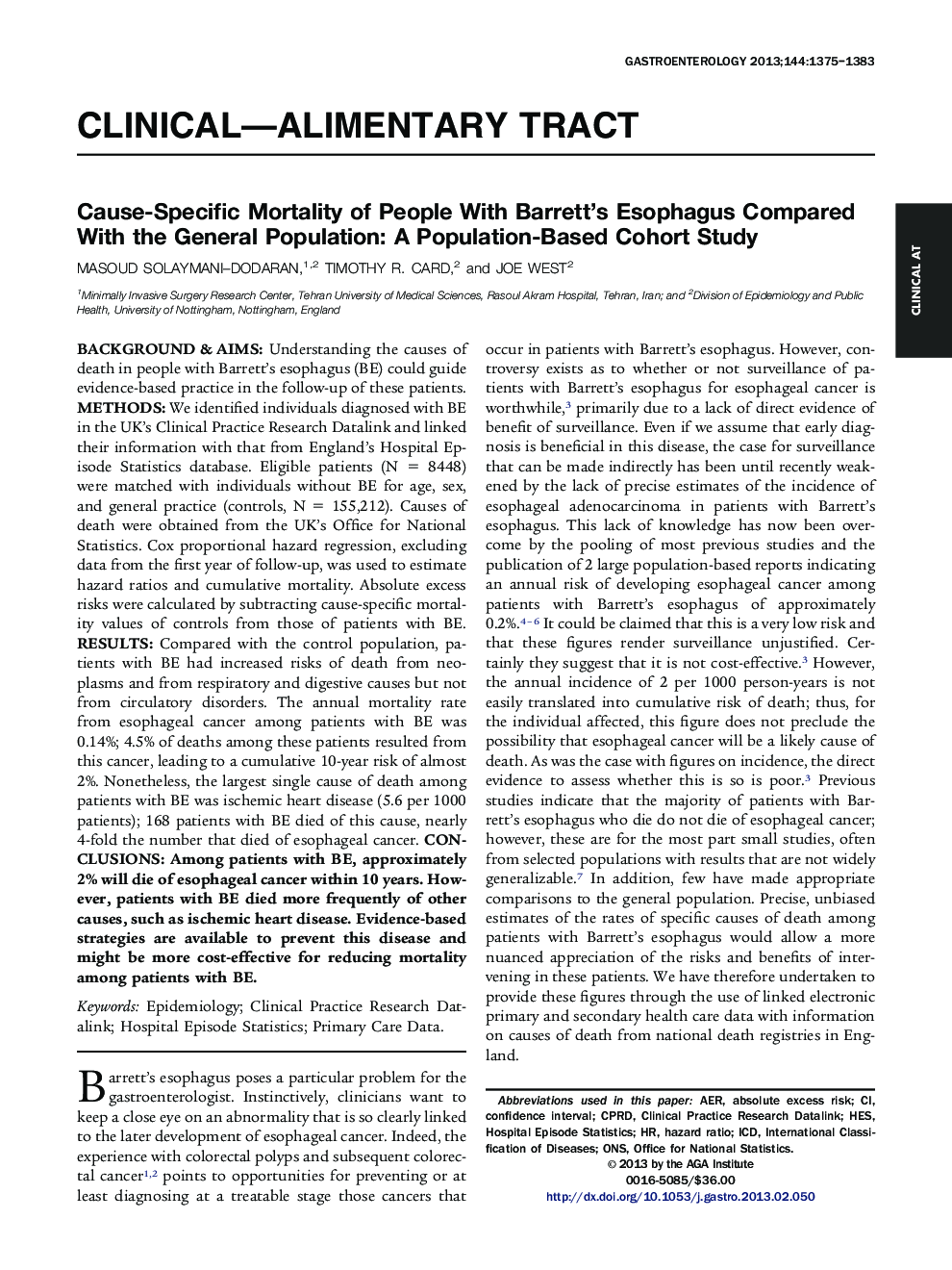 Cause-Specific Mortality of People With Barrett's Esophagus Compared With the General Population: A Population-Based Cohort Study