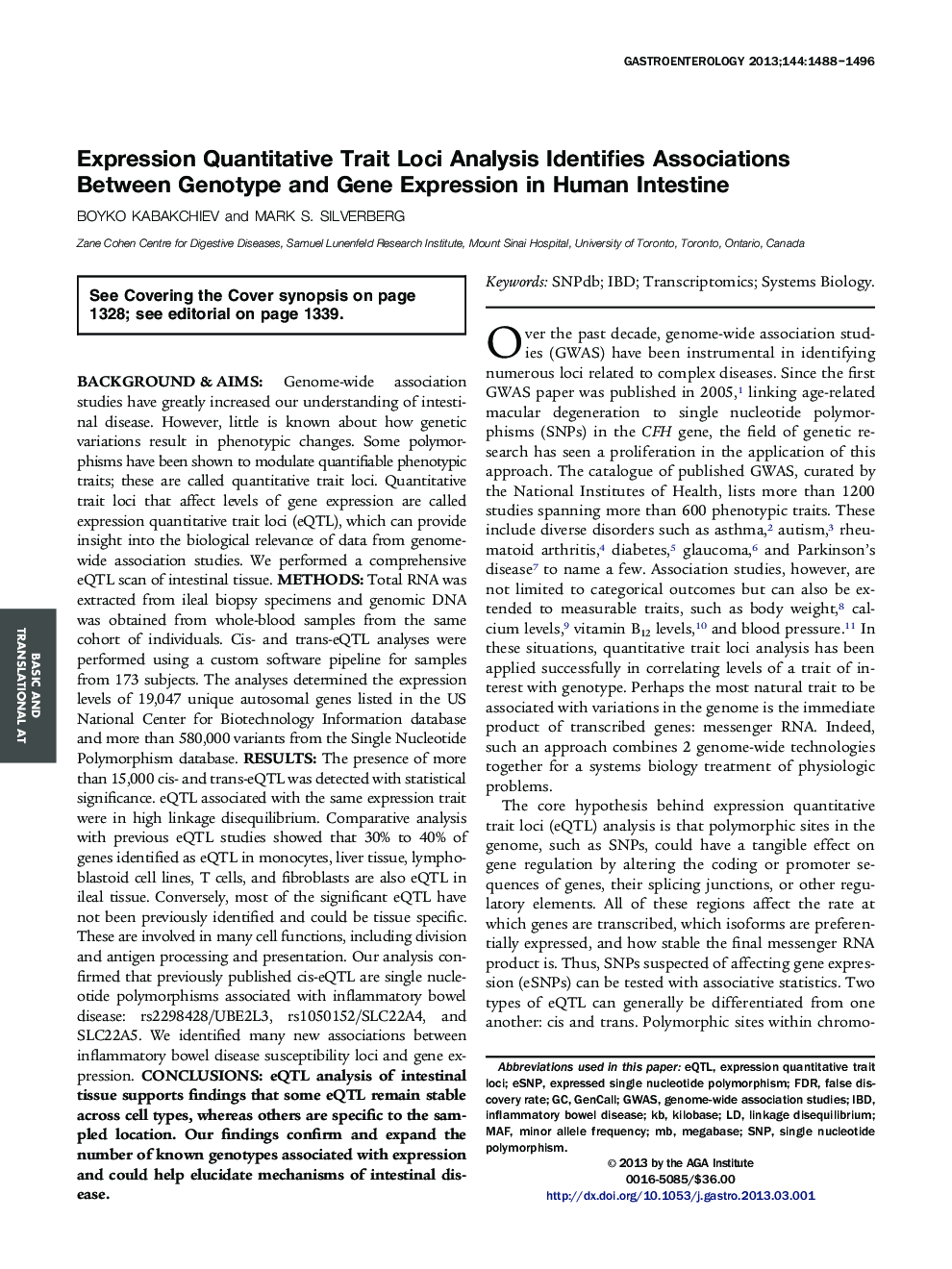 Original ResearchFull Report: Basic and Translational-Alimentary TractExpression Quantitative Trait Loci Analysis Identifies Associations Between Genotype and Gene Expression in Human Intestine