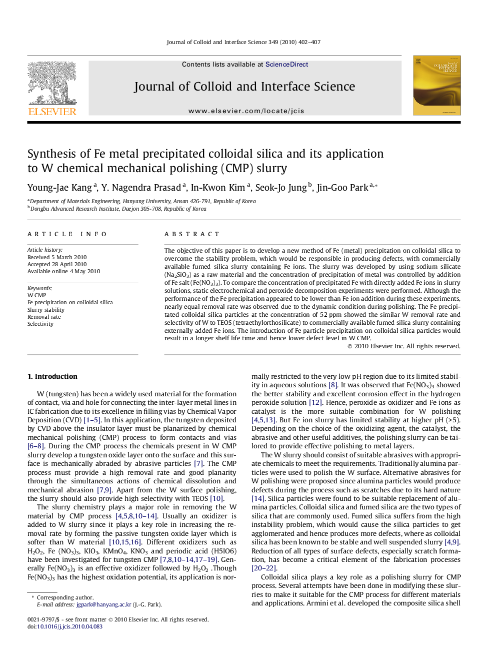 Synthesis of Fe metal precipitated colloidal silica and its application to W chemical mechanical polishing (CMP) slurry