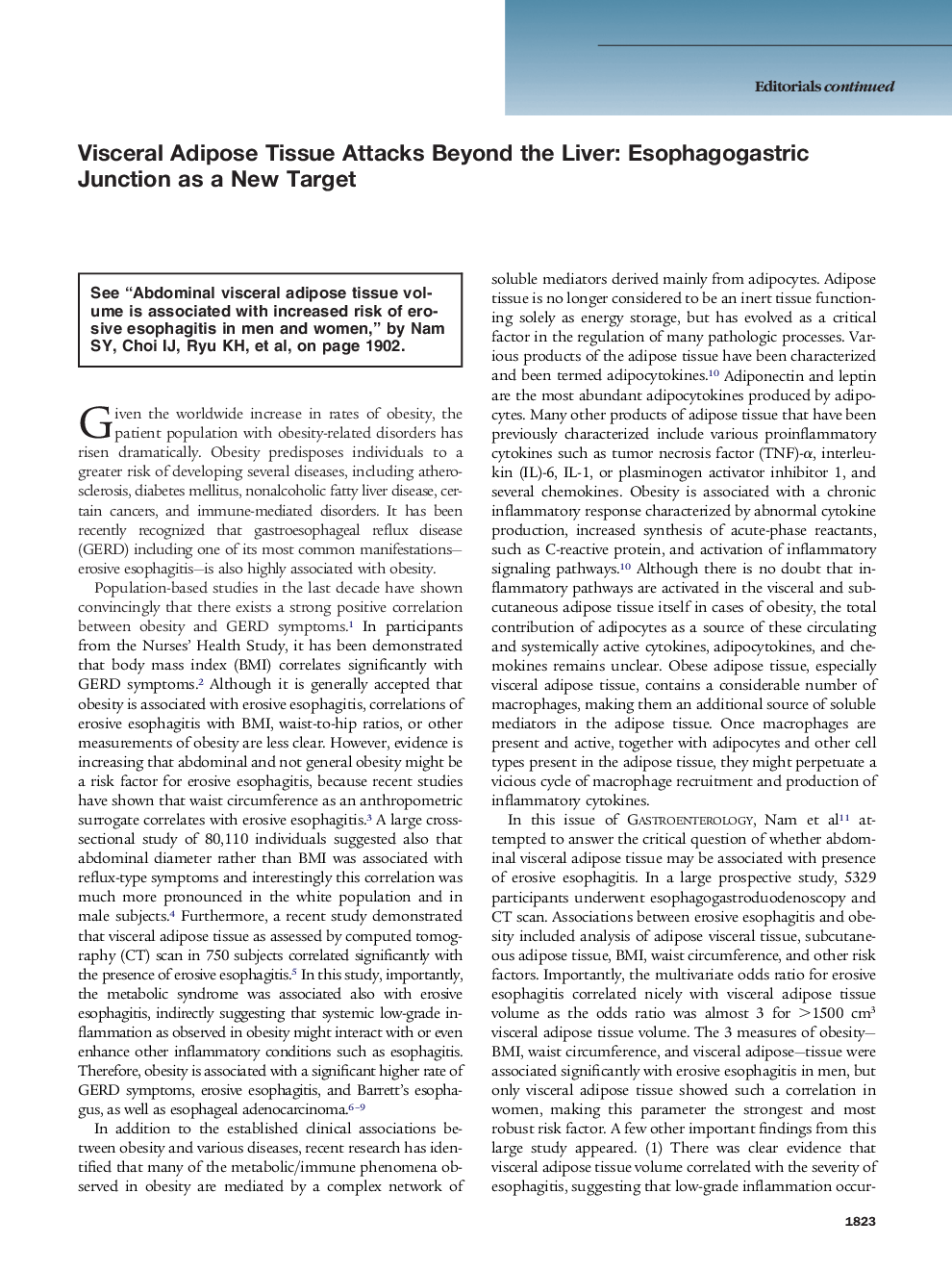 Visceral Adipose Tissue Attacks Beyond the Liver: Esophagogastric Junction as a New Target