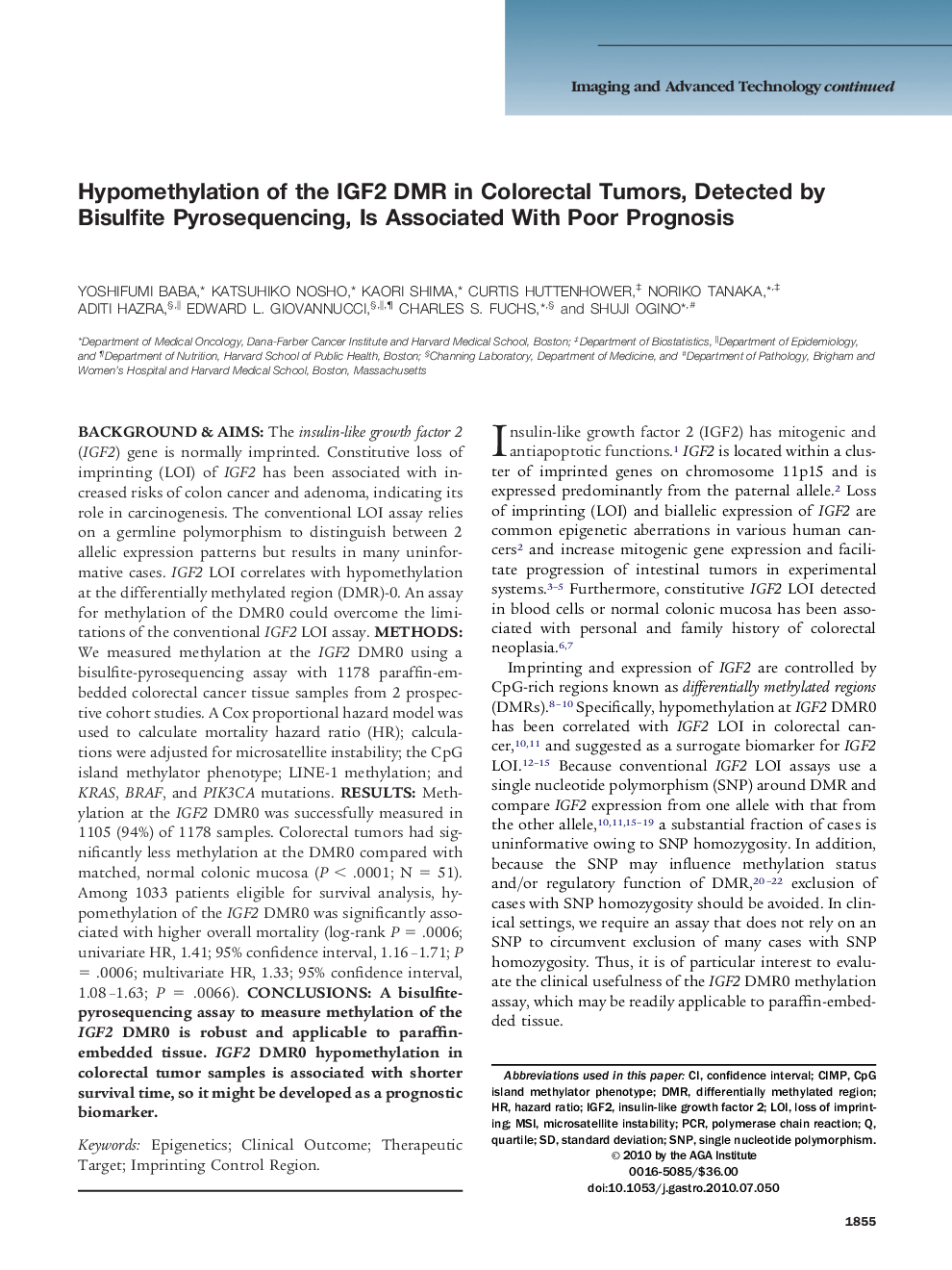 Hypomethylation of the IGF2 DMR in Colorectal Tumors, Detected by Bisulfite Pyrosequencing, Is Associated With Poor Prognosis