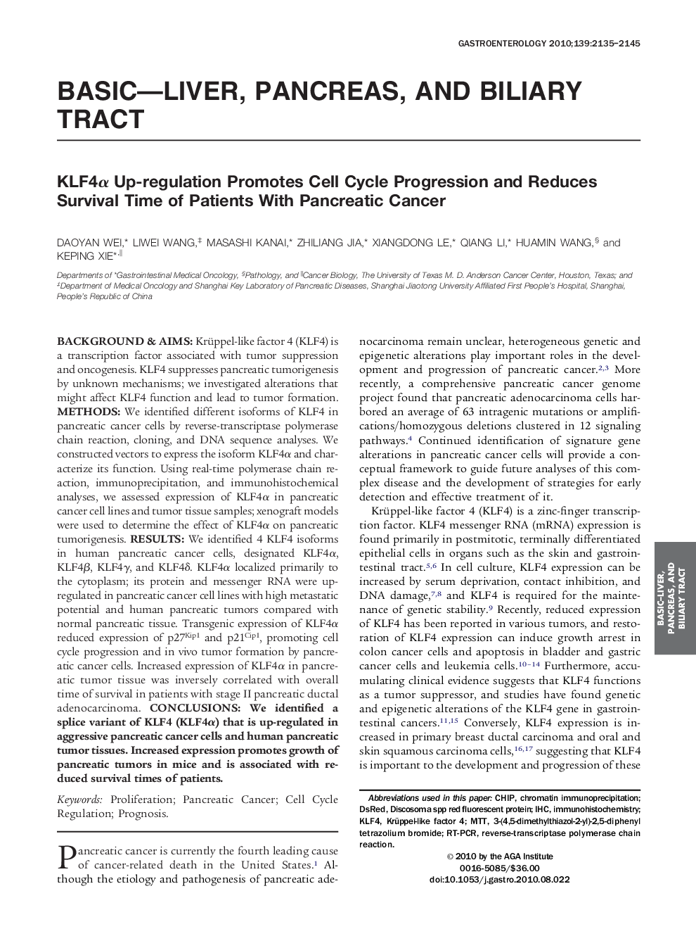 Basic-Liver, Pancreas, and Biliary TractKLF4Î± Up-regulation Promotes Cell Cycle Progression and Reduces Survival Time of Patients With Pancreatic Cancer