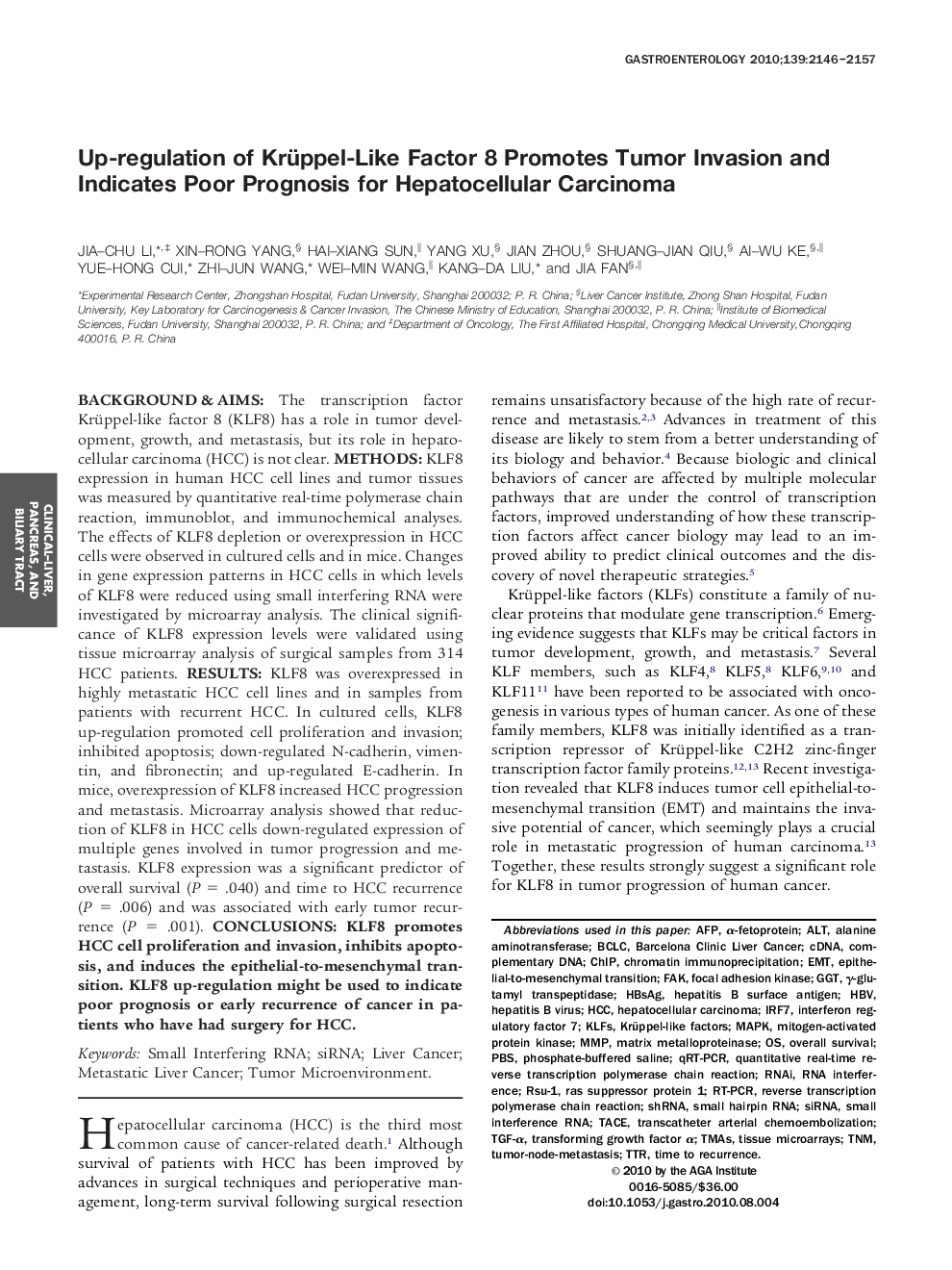 Up-regulation of Krüppel-Like Factor 8 Promotes Tumor Invasion and Indicates Poor Prognosis for Hepatocellular Carcinoma