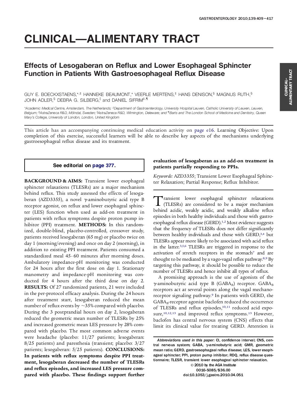 Effects of Lesogaberan on Reflux and Lower Esophageal Sphincter Function in Patients With Gastroesophageal Reflux Disease