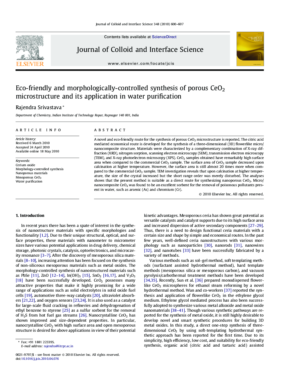 Eco-friendly and morphologically-controlled synthesis of porous CeO2 microstructure and its application in water purification