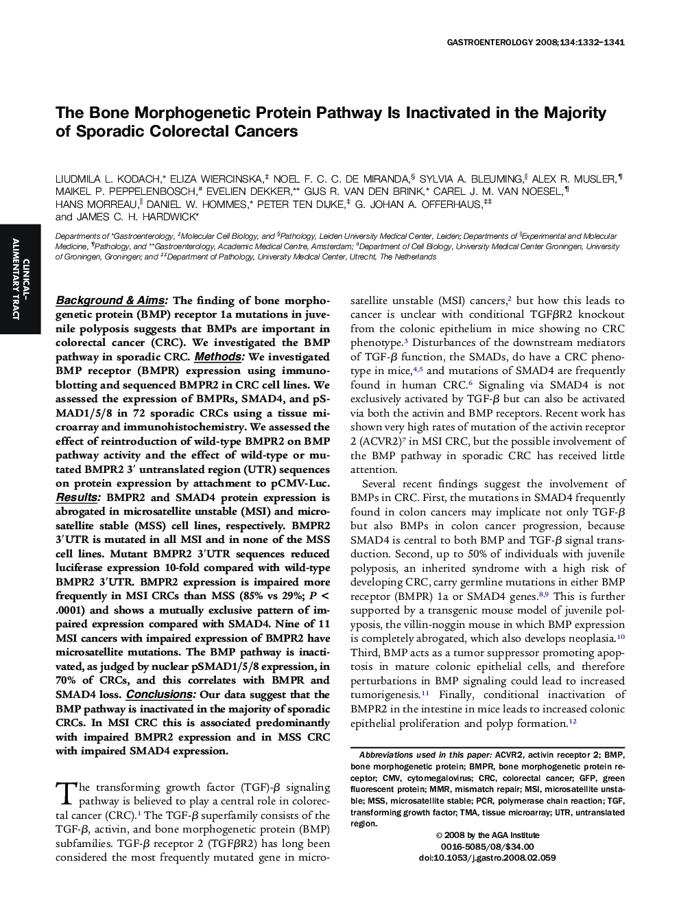 The Bone Morphogenetic Protein Pathway Is Inactivated in the Majority of Sporadic Colorectal Cancers