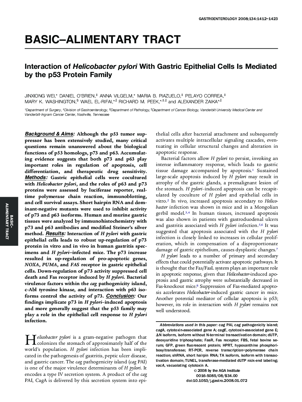 Interaction of Helicobacter pylori With Gastric Epithelial Cells Is Mediated by the p53 Protein Family