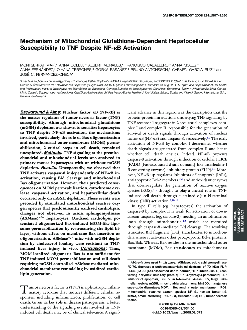 Mechanism of Mitochondrial Glutathione-Dependent Hepatocellular Susceptibility to TNF Despite NF-ÎºB Activation