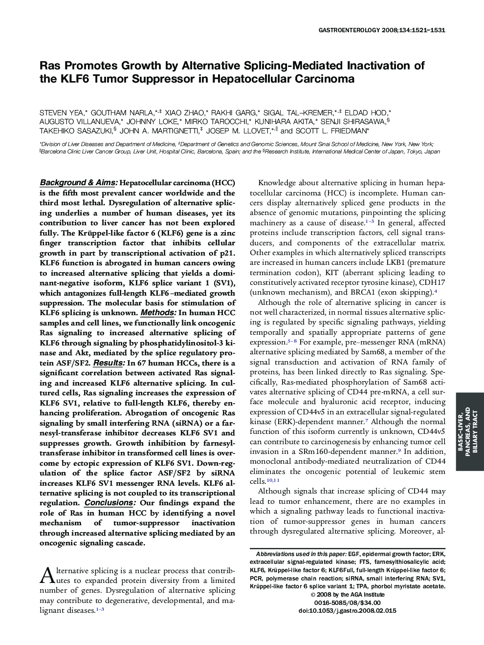 Ras Promotes Growth by Alternative Splicing-Mediated Inactivation of the KLF6 Tumor Suppressor in Hepatocellular Carcinoma