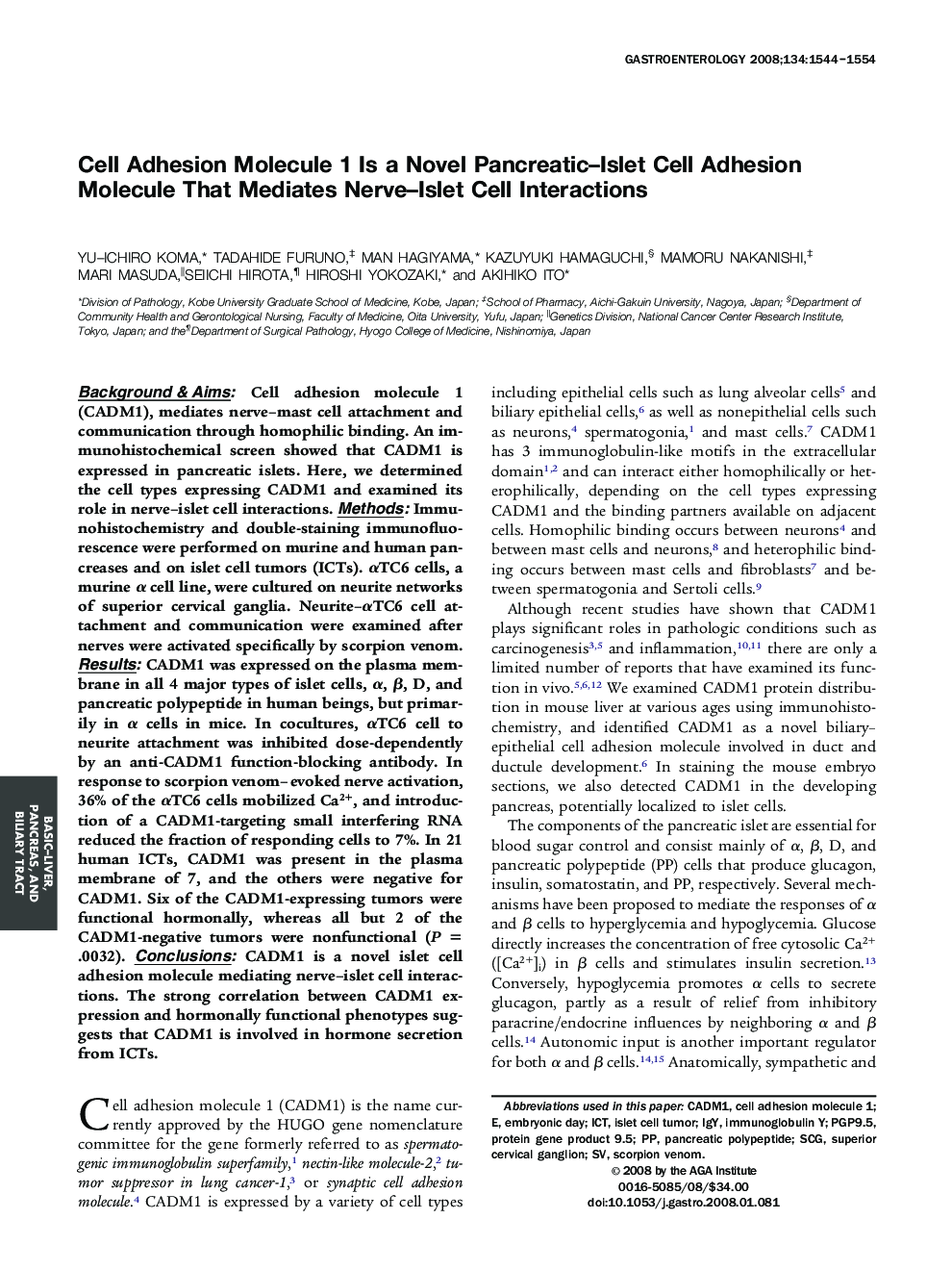 Cell Adhesion Molecule 1 Is a Novel Pancreatic-Islet Cell Adhesion Molecule That Mediates Nerve-Islet Cell Interactions