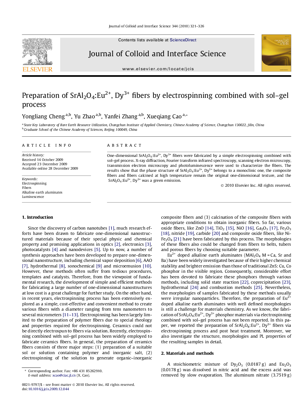 Preparation of SrAl2O4:Eu2+, Dy3+ fibers by electrospinning combined with sol-gel process