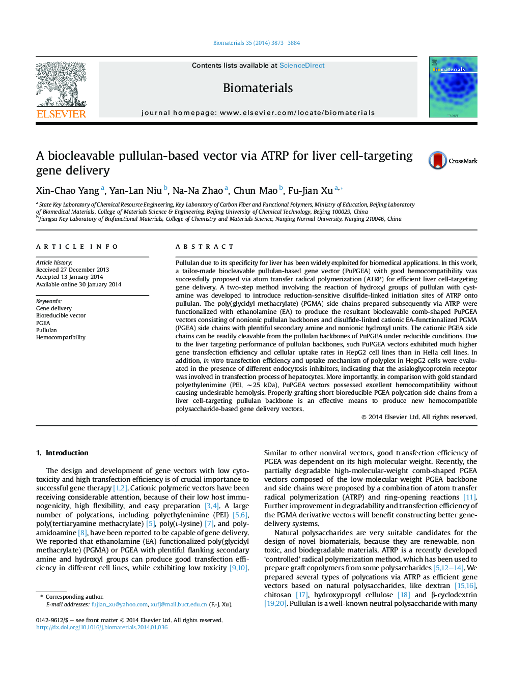 A biocleavable pullulan-based vector via ATRP for liver cell-targeting gene delivery