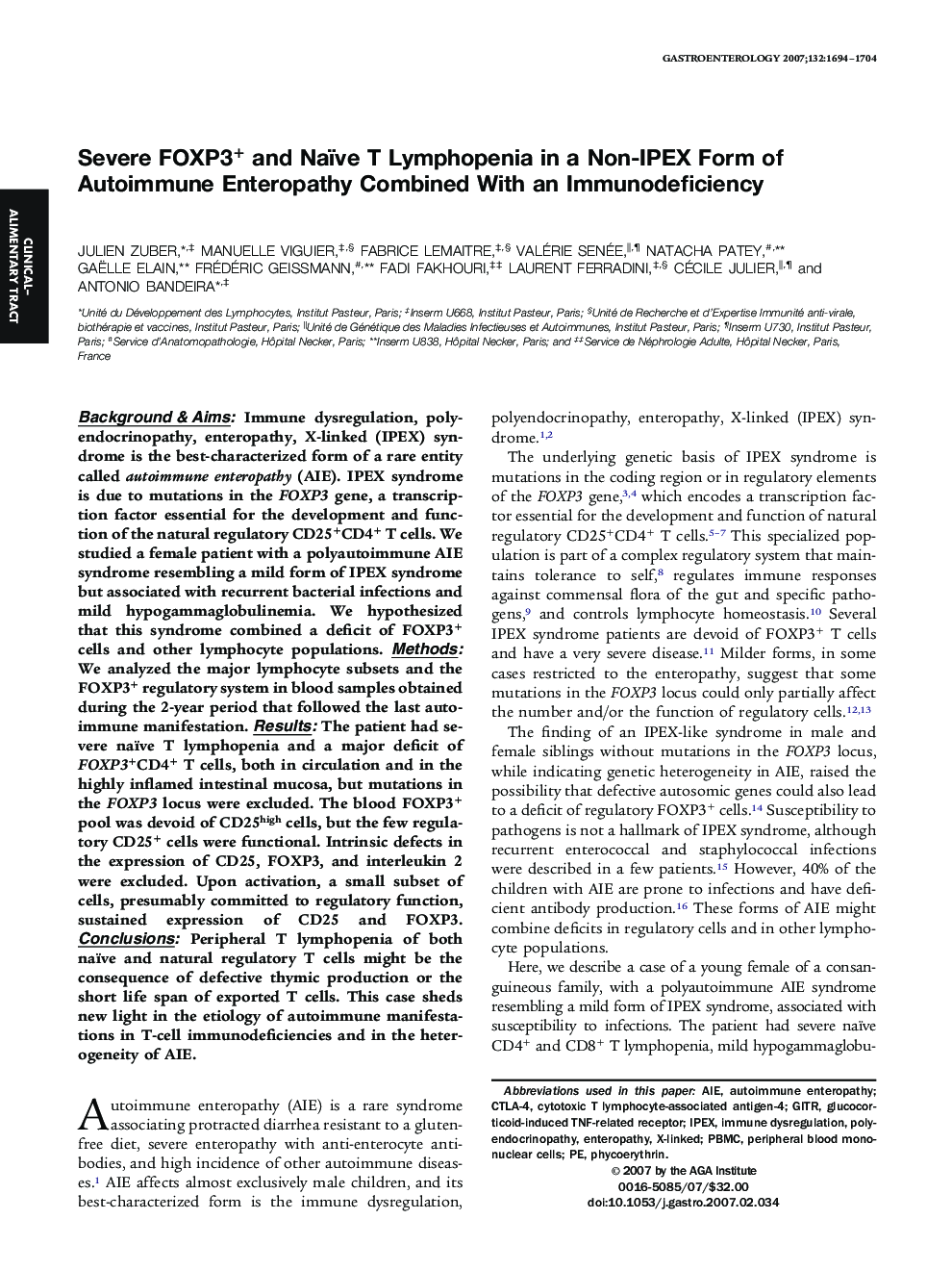 Clinical-alimentary tractSevere FOXP3+ and Naïve T Lymphopenia in a Non-IPEX Form of Autoimmune Enteropathy Combined With an Immunodeficiency