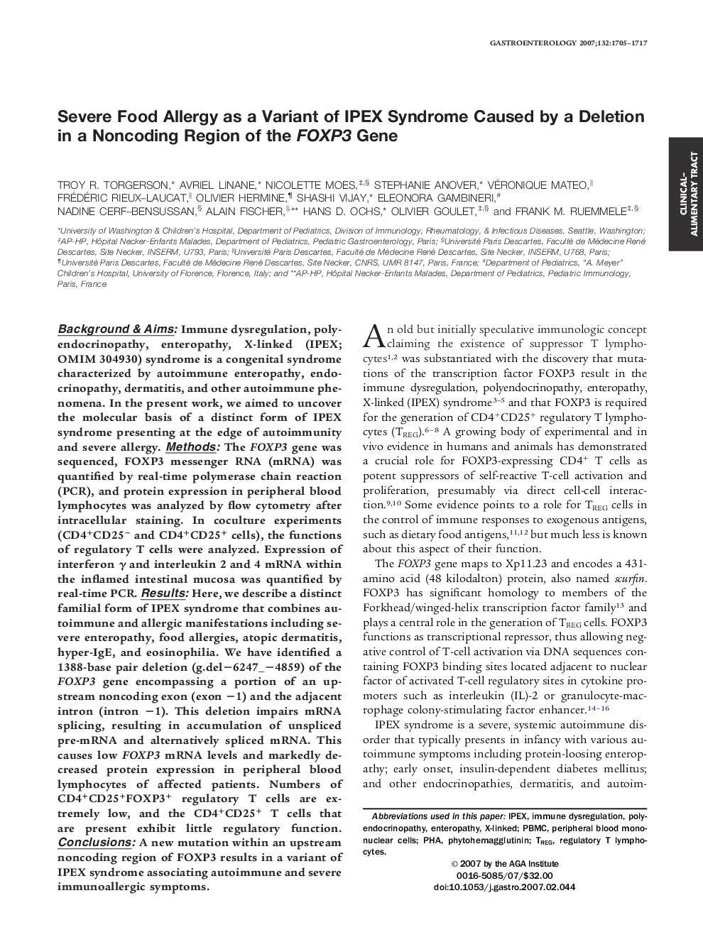 Severe Food Allergy as a Variant of IPEX Syndrome Caused by a Deletion in a Noncoding Region of the FOXP3 Gene