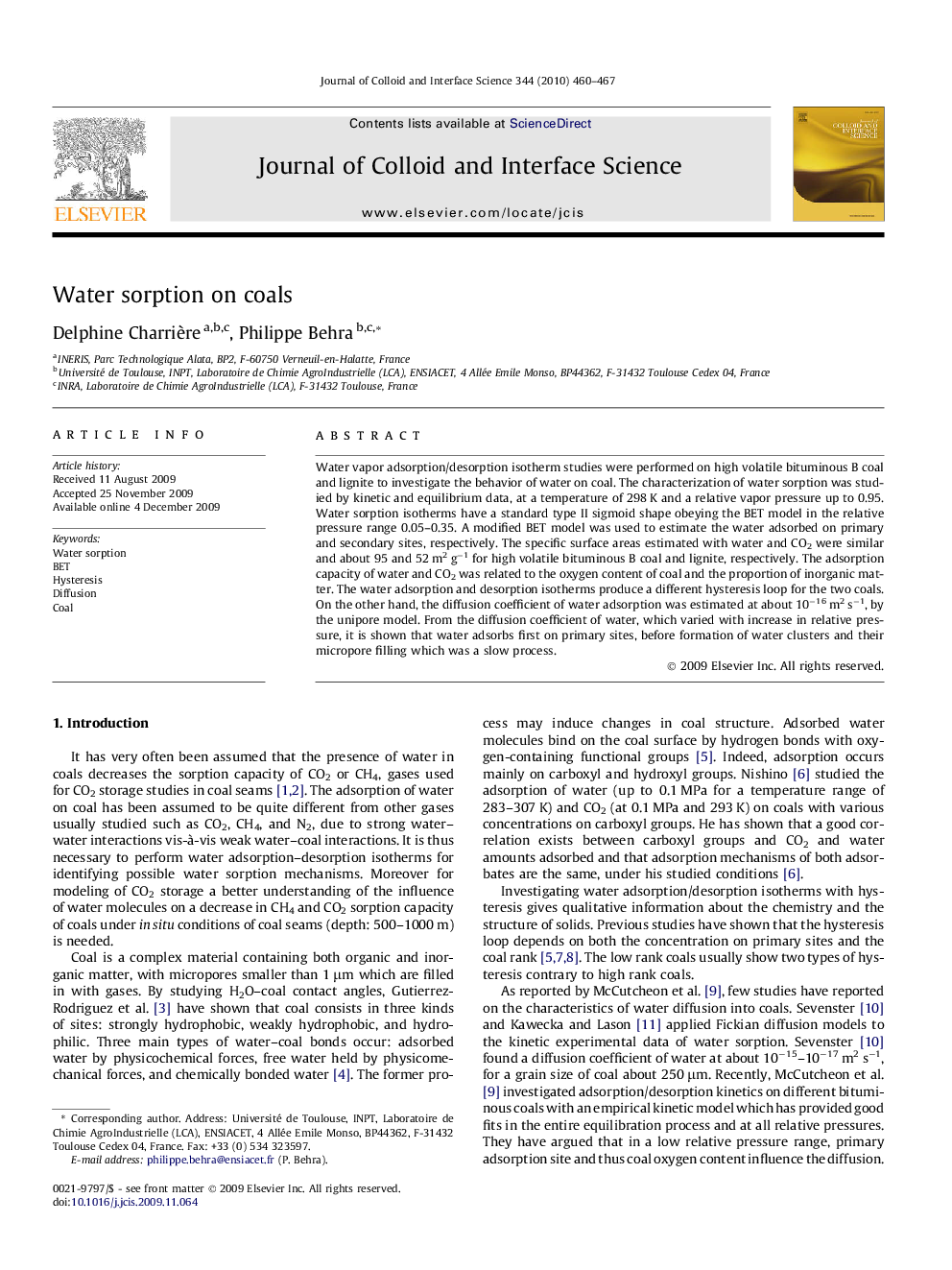 Water sorption on coals