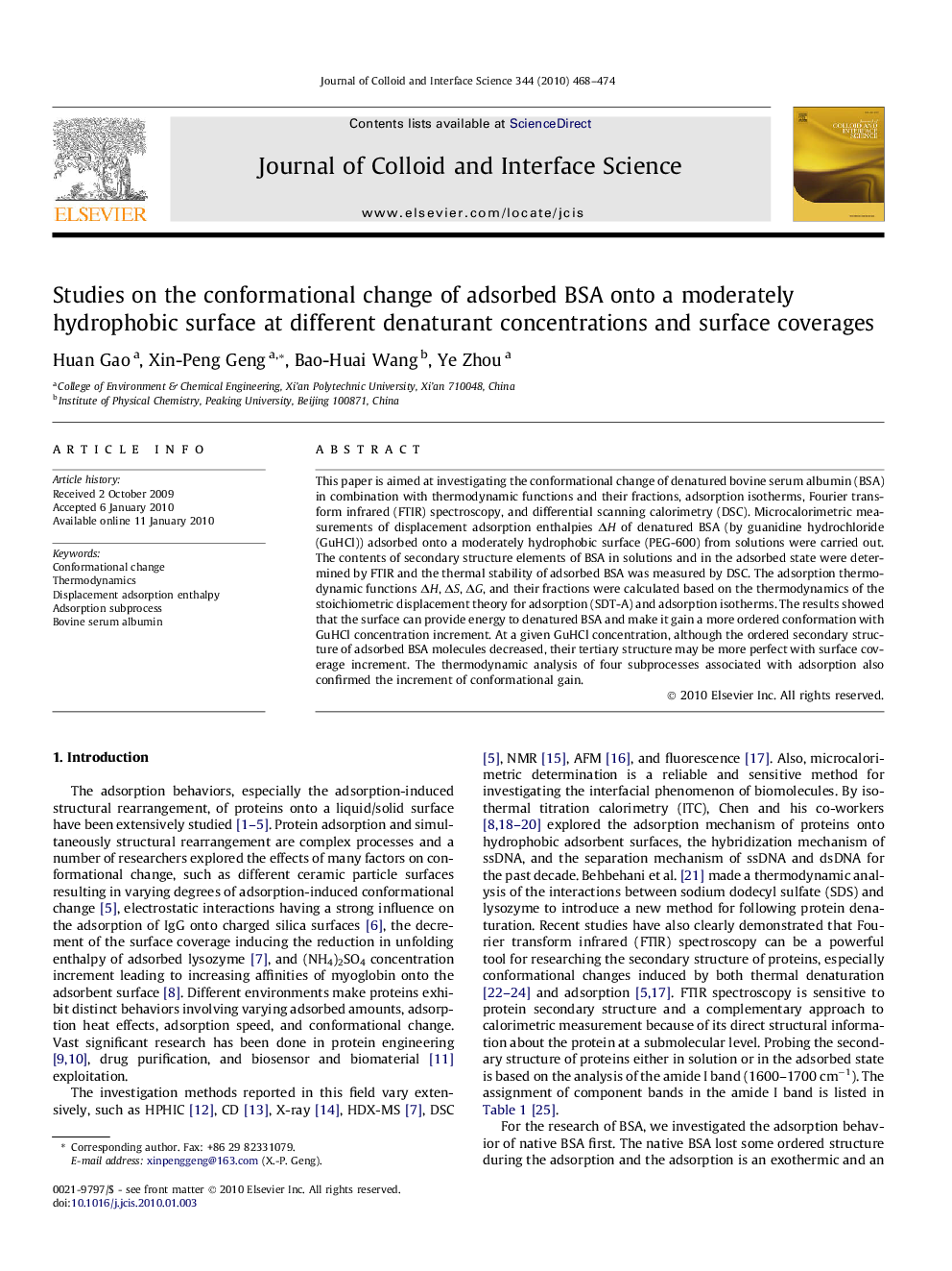 Studies on the conformational change of adsorbed BSA onto a moderately hydrophobic surface at different denaturant concentrations and surface coverages