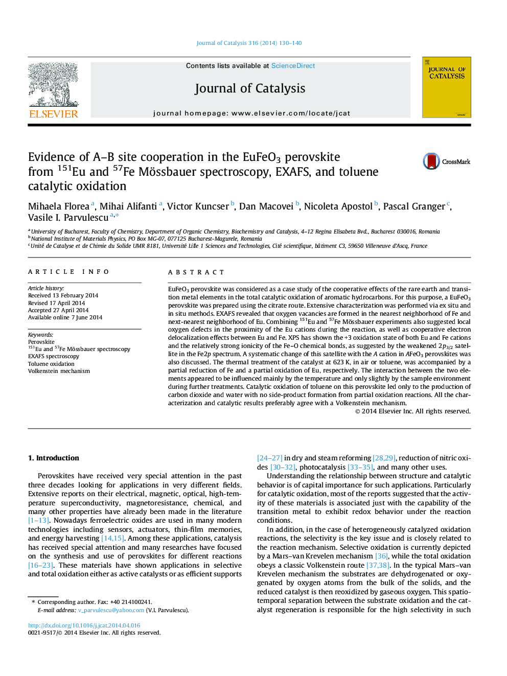 Evidence of A–B site cooperation in the EuFeO3 perovskite from 151Eu and 57Fe Mössbauer spectroscopy, EXAFS, and toluene catalytic oxidation