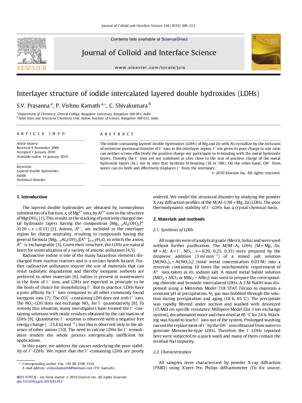 Interlayer structure of iodide intercalated layered double hydroxides (LDHs)