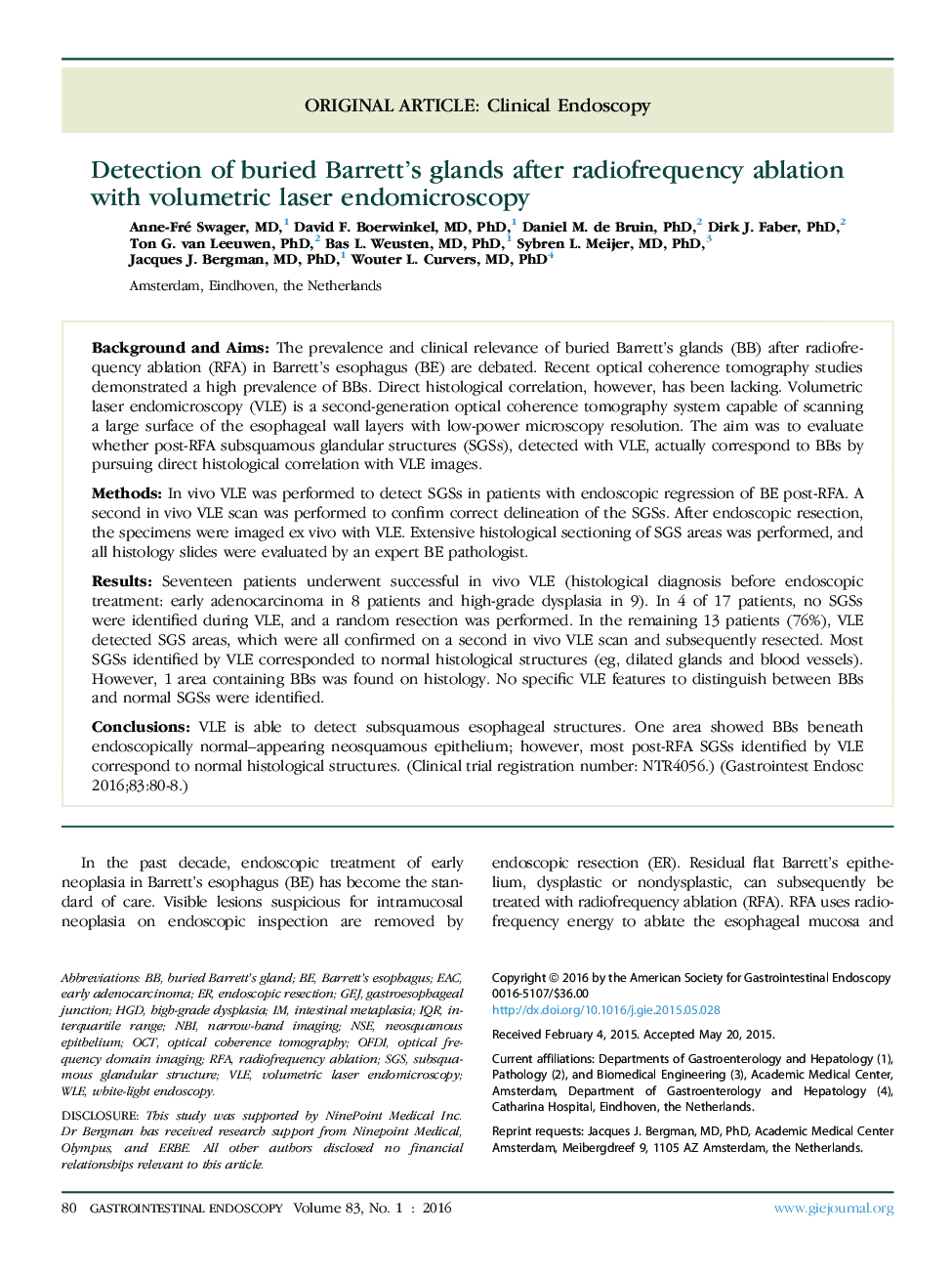 Original articleClinical endoscopyDetection of buried Barrett's glands after radiofrequency ablation with volumetric laser endomicroscopy