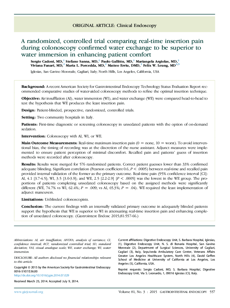 Original articleClinical endoscopyA randomized, controlled trial comparing real-time insertion pain during colonoscopy confirmed water exchange to be superior to water immersion in enhancing patient comfort