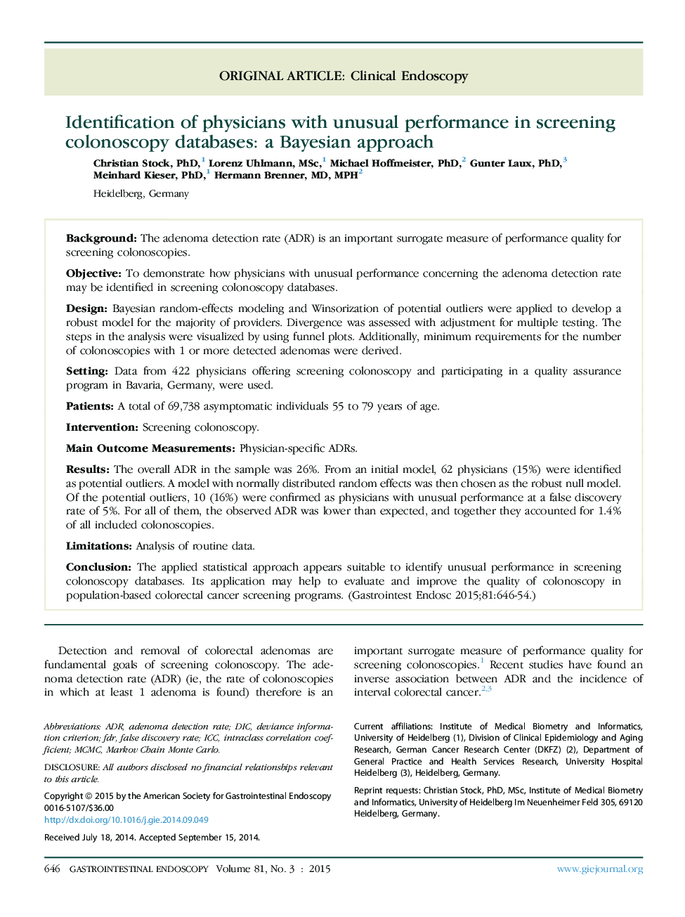 Original articleClinical endoscopyIdentification of physicians with unusual performance in screening colonoscopy databases: a Bayesian approach